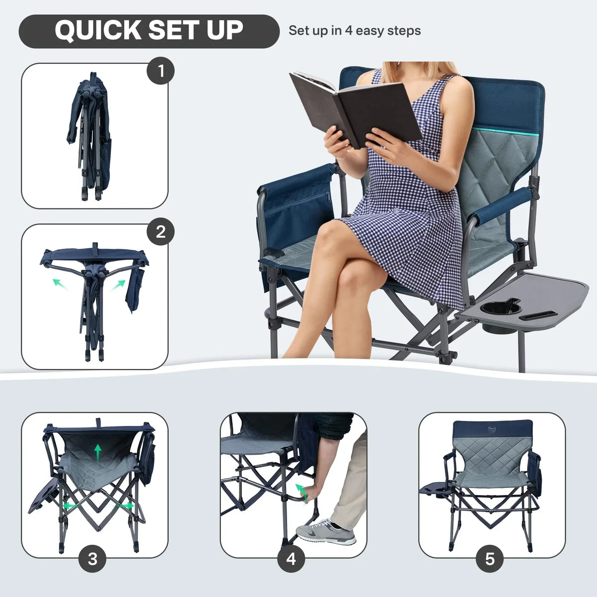 Nouveauté 2026 – Chaise de réalisateur portable TIMBER RIDGE , chaise de camping pliante robuste et compacte avec poche latérale et tablette latérale, supporte jusqu'à 181 kg, grise