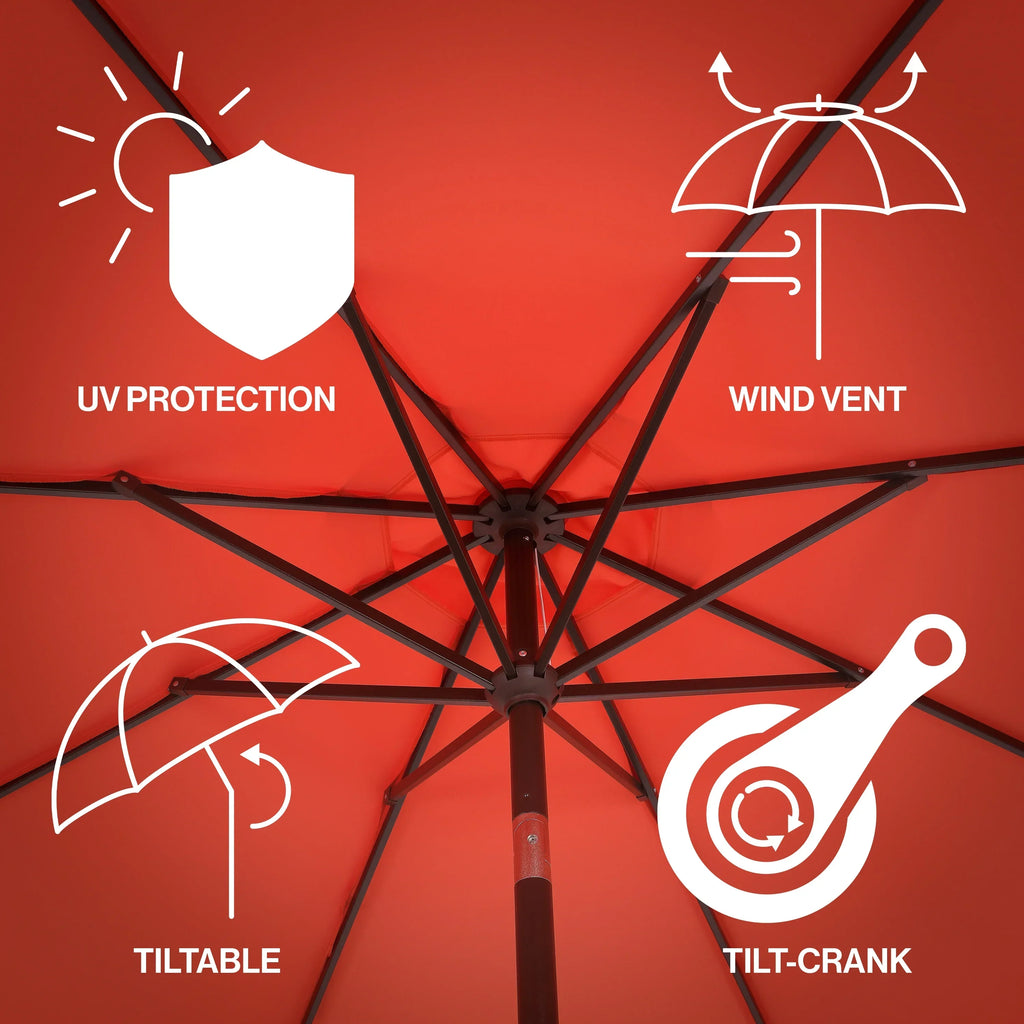 Nouveauté 2026 – Parasol de marché JONATHAN Y Tracy 2,74 m (9 pi), style classique milieu du siècle, franges festonnées, manivelle d'inclinaison automatique, aération et protection UV, rose corail/blanc, mât marron foncé