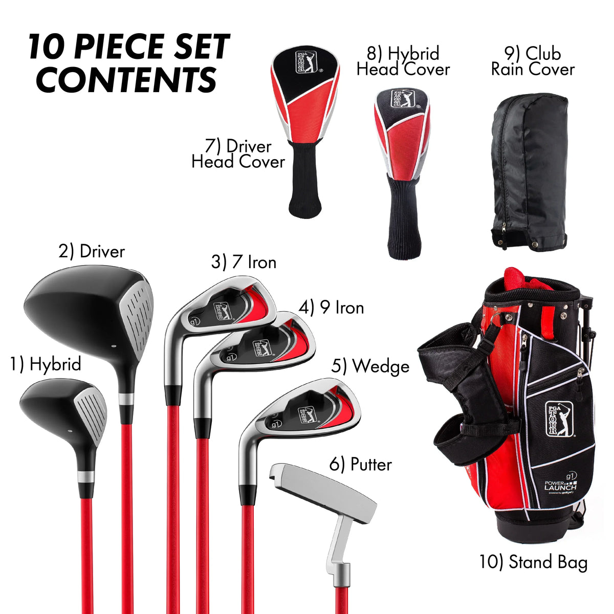 Nouveauté 2026 – Ensemble de 10 clubs de golf trépied pour enfant droitier PGA Tour ; taille du joueur : 1,42 m à 1,57 m ; âge : 8-12 ans