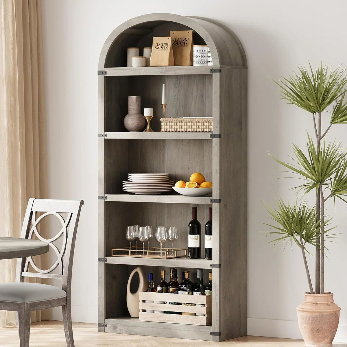 Nouveauté 2026 – Bibliothèque arquée à 5 étagères, 182 cm de haut, style ferme, étagère de rangement en bois pour la maison, le bureau ou le salon (blanche