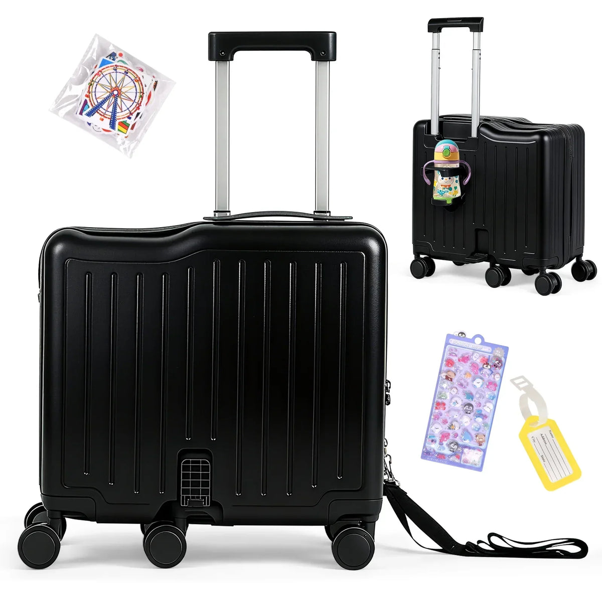 Nouveauté 2026 – Valise à roulettes Advwin pour enfants, avec sangle de traction, repose-pieds, porte-gobelet, 6 roues et poignée réglable, valise pivotante de 45,7 cm (18 pouces) avec autocollants et carte d'embarquement, rose