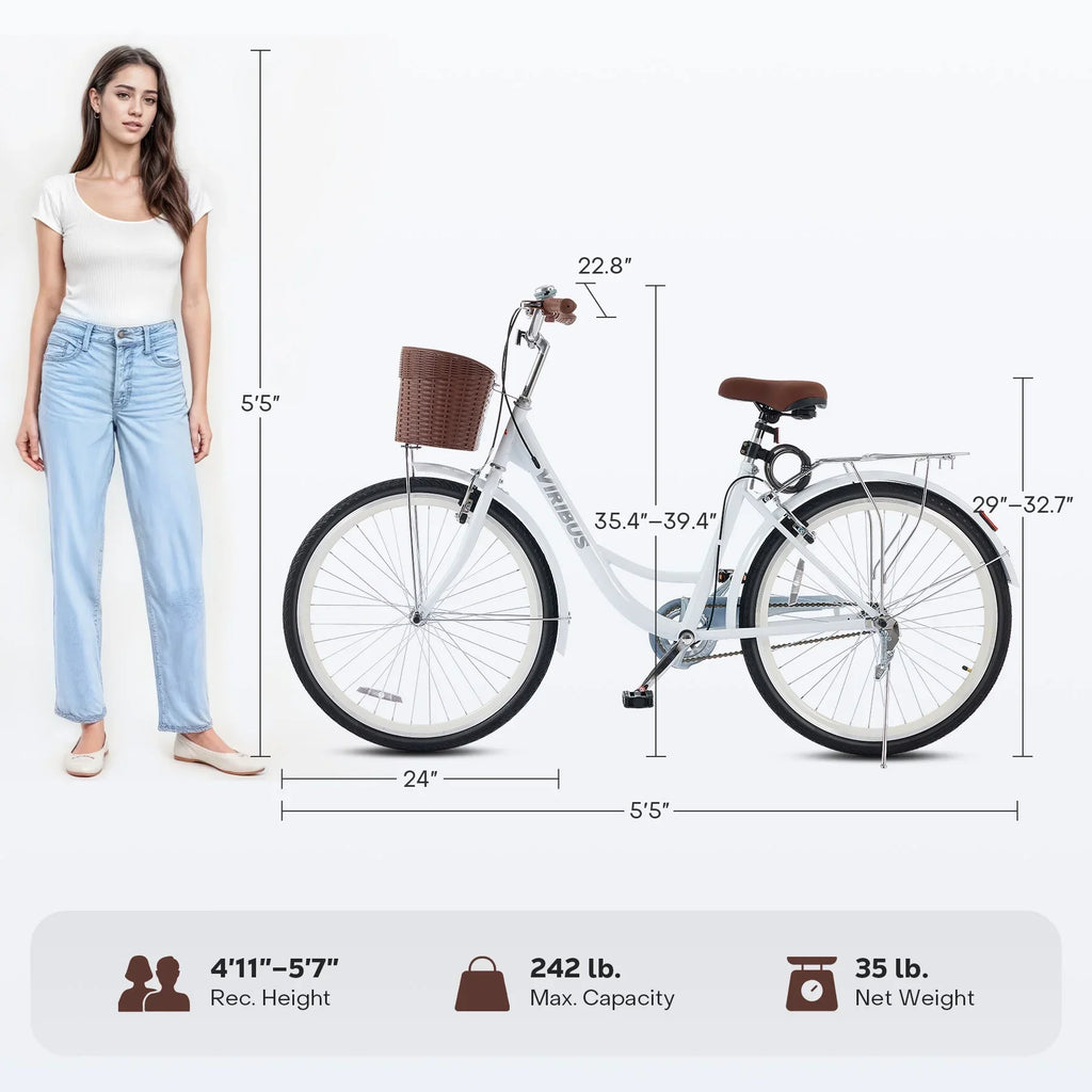 Nouveauté 2026 – Vélo confort femme Viribus , 24 pouces, style cruiser plage et ville, avec panier, blanc