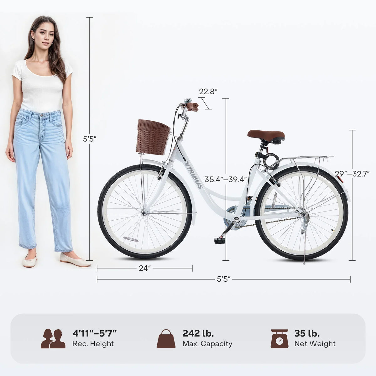 Nouveauté 2026 – Vélo confort femme Viribus , 24 pouces, style cruiser plage et ville, avec panier, blanc