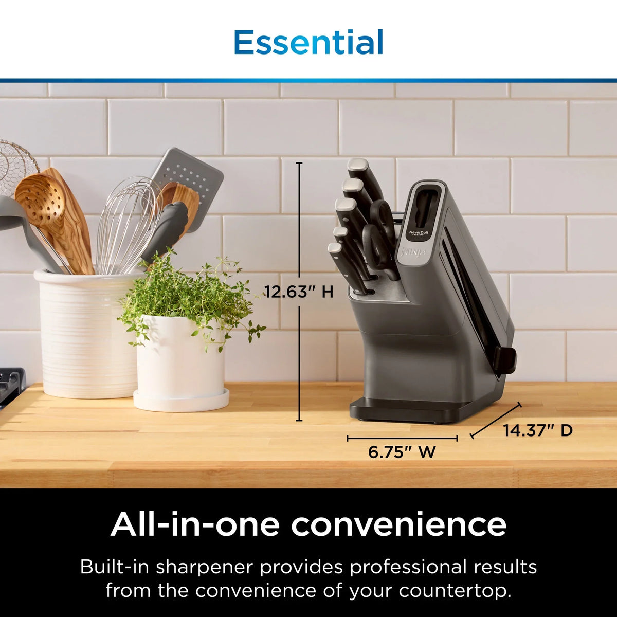 Nouveauté 2026 – Système de couteaux essentiels 14 pièces en acier inoxydable Ninja NeverDull avec affûteur intégré, K12014 Noir/Gris
