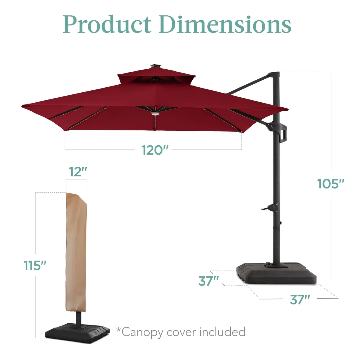 Nouveauté 2026 – Parasol de terrasse carré déporté à deux niveaux, 3 x 3 m, à éclairage solaire LED, avec base incluse (Best Choice Products, ) - Beige