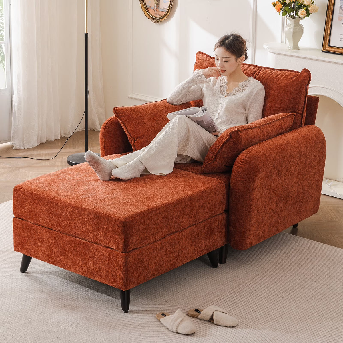 Nouveauté 2026 – Fauteuil d'appoint surdimensionné Rexulqo avec rangement intégré, confortable pour le salon, livré avec 2 coussins décoratifs, fauteuil rembourré style milieu du siècle, assise profonde de 62 cm, fauteuil de lecture pour chambre ou b