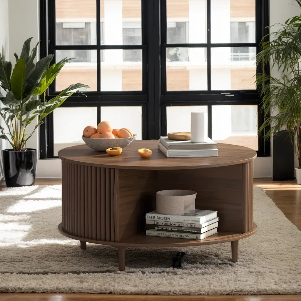 Nouveauté 2026 – Table basse ronde JOINICE avec rangement et porte coulissante, table centrale en bois de style moderne du milieu du siècle, pour salon, noyer