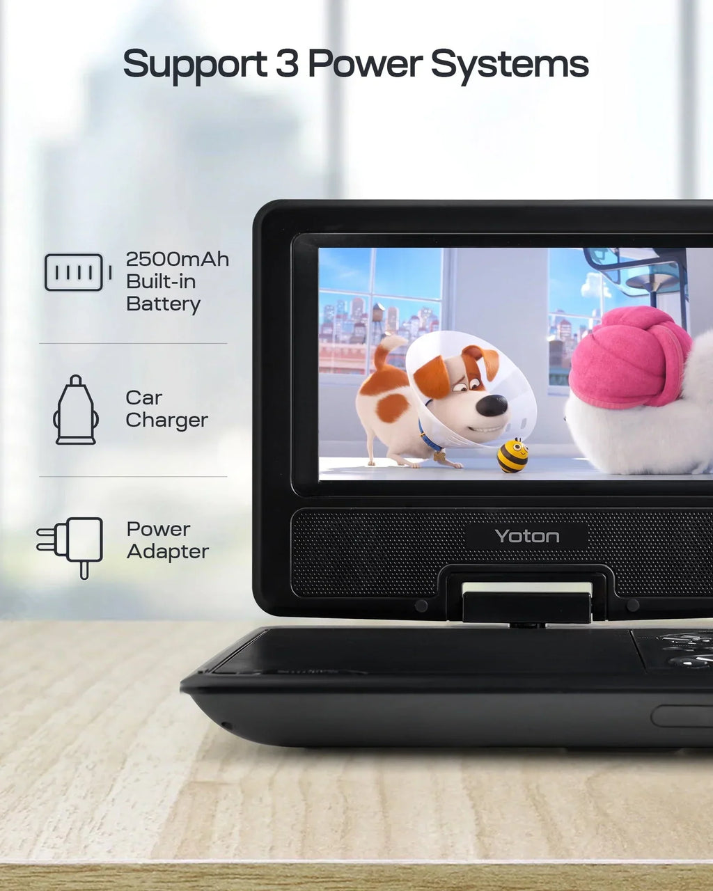 Nouveauté 2026 – Lecteur DVD portable 7,5 pouces (19 cm) pour voiture et enfants, compatible USB et cartes SD, autonomie de 5 heures grâce à sa batterie interne, avec chargeur allume-cigare, noir