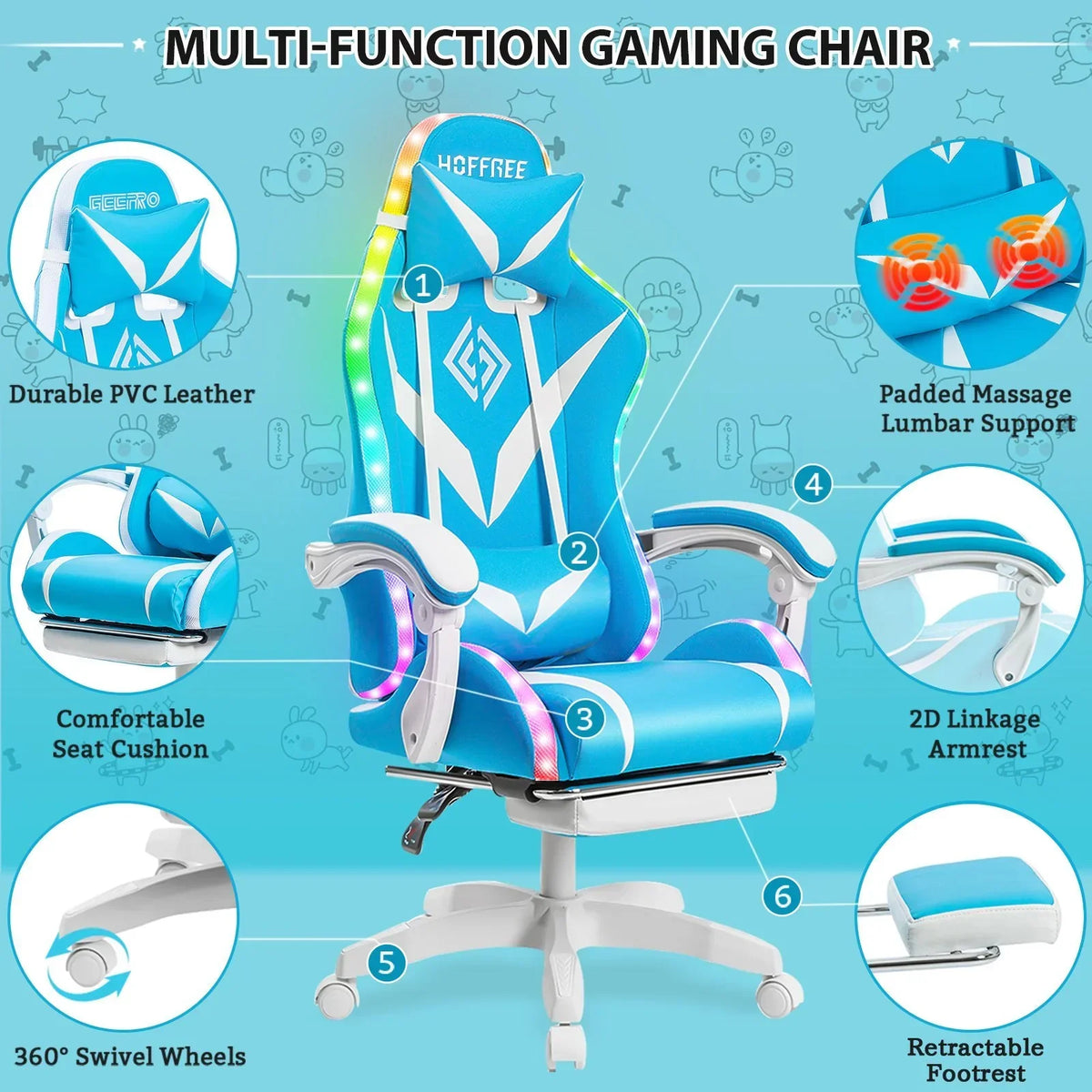 Nouveauté 2026 – Fauteuil de jeu Hoffree avec haut-parleurs intégrés, en cuir PU, repose-pieds et éclairage LED. Fauteuil ergonomique pour gamer avec massage, soutien lombaire et appui-tête pivotant et réglable. Idéal pour le télétravail et le bureau