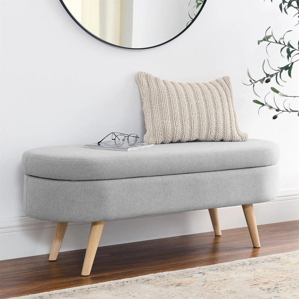 Nouveauté 2026 – Nouveau banc ottoman de rangement ovale de 110 cm (43,5 po) avec pieds en bois massif, revêtement en lin, charnière de sécurité, idéal pour l'entrée ou comme banc d'intérieur au pied du lit, à côté d'un canapé ou dans une entrée
