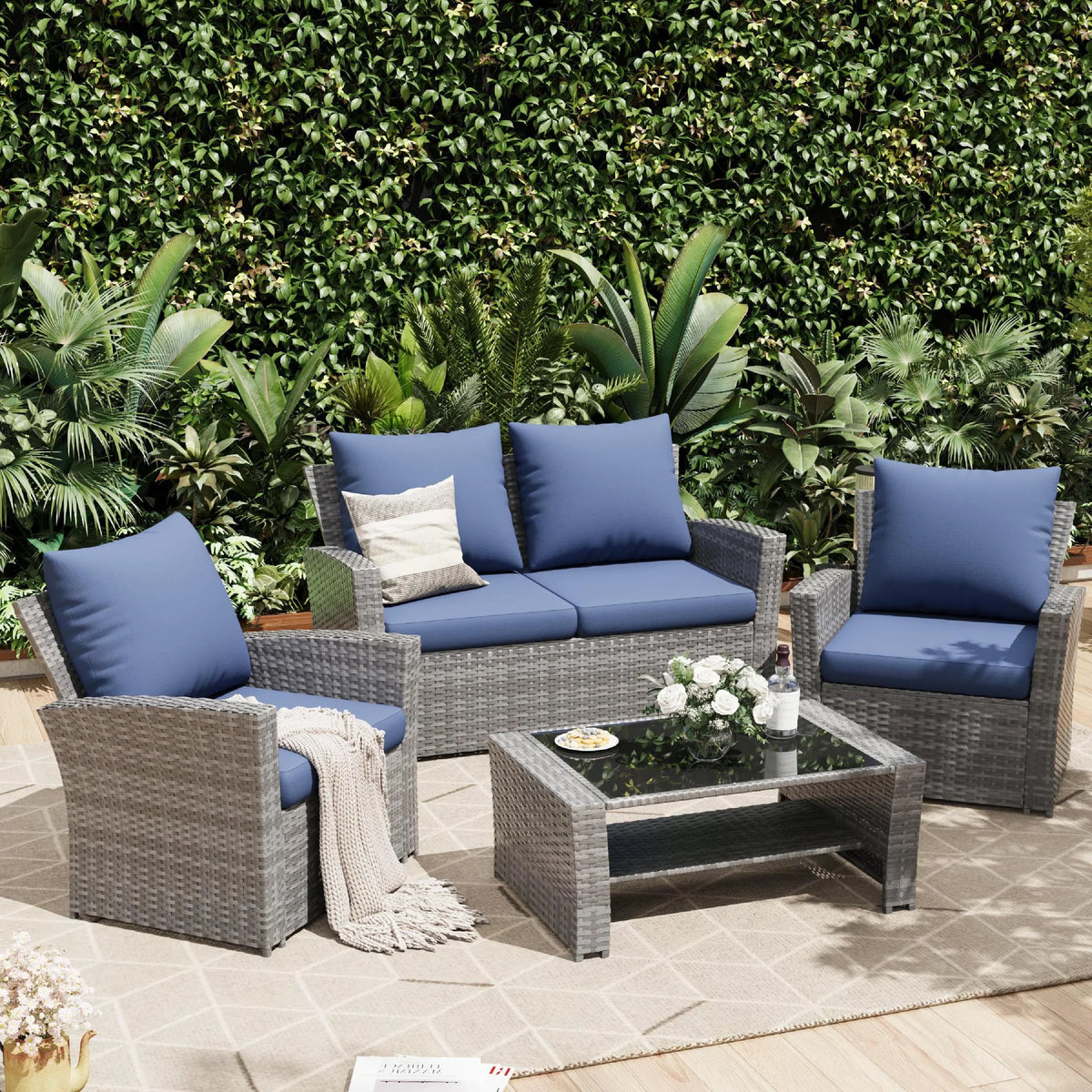 Nouveauté 2026 – Ensemble de mobilier de patio en résine tressée UDPATIO , ensemble de conversation d'extérieur 4 pièces, canapé de patio en rotin PE gris pour balcon, porche, jardin, gris
