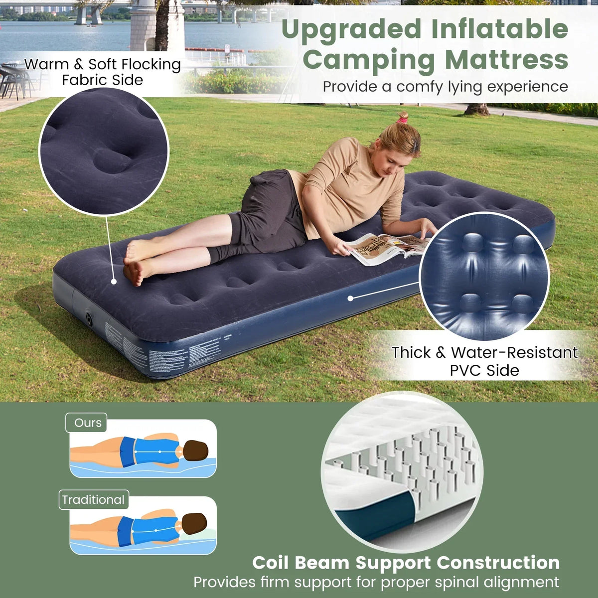 Nouveauté 2026 – Lit de camp gonflable Goplus 1 personne imperméable avec matelas gonflable, oreiller et sac de couchage