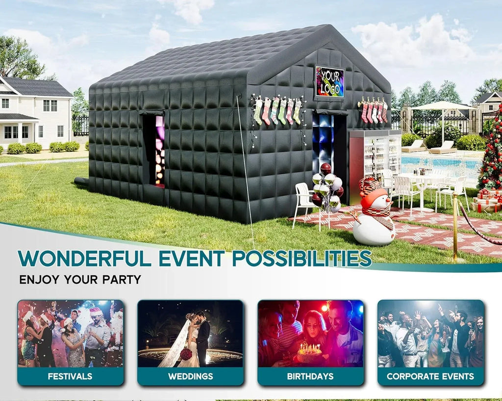 Nouveauté 2026 – Tente gonflable Jocisland , 6 x 4,9 x 4,3 m, grande tente noire pour discothèque avec 2 portes latérales, espace logo, gazebo événementiel