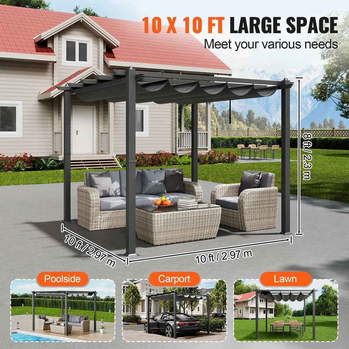 Nouveauté 2026 – Pergola en aluminium KFFKFF 3 m x 3 m, avec auvent rétractable, idéale pour patio, jardin, terrasse et cour arrière - Gris