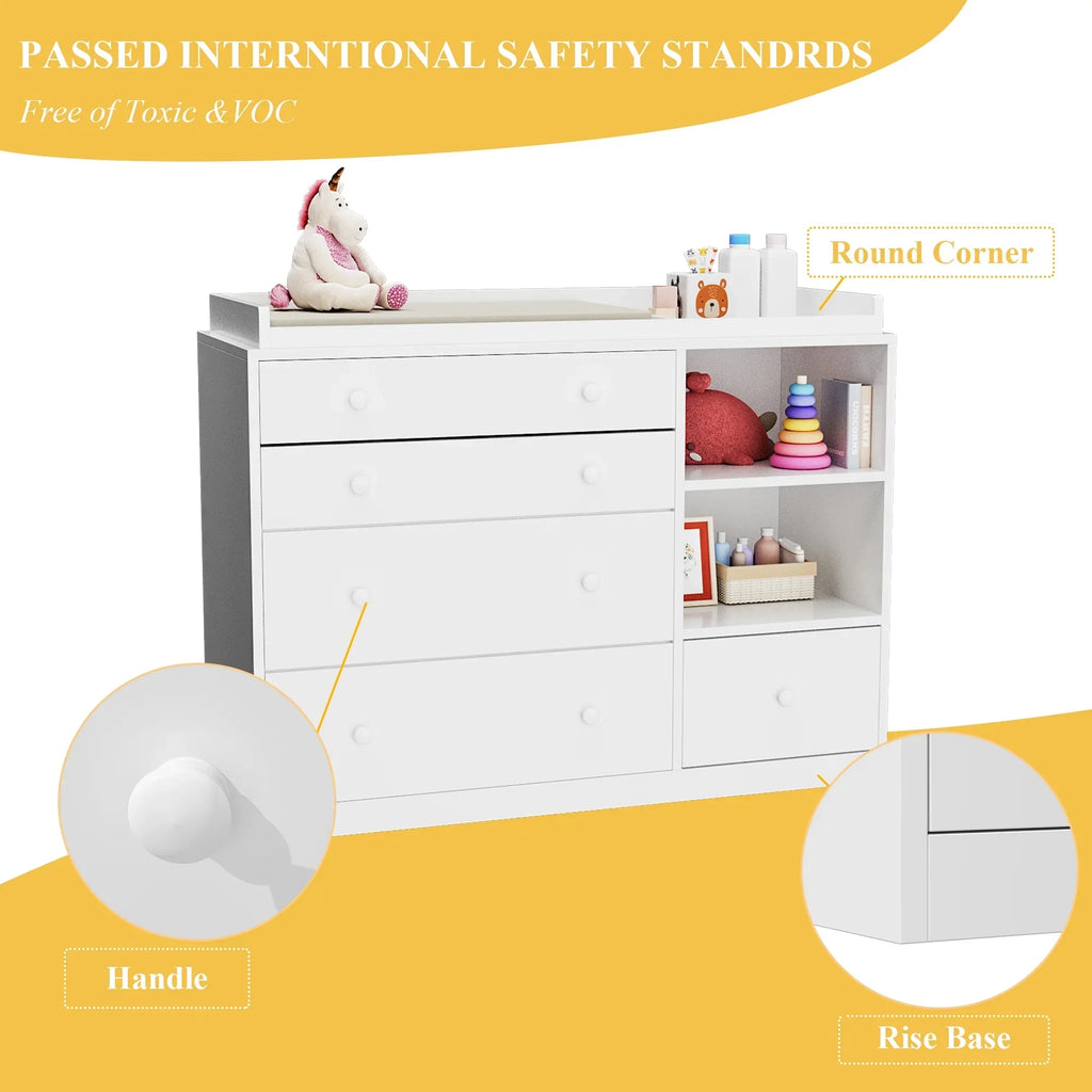 Nouveauté 2026 – Table à langer/commode pour chambre de bébé OXYLIFE , 114 cm (45 po), avec 4 tiroirs et une étagère, blanche