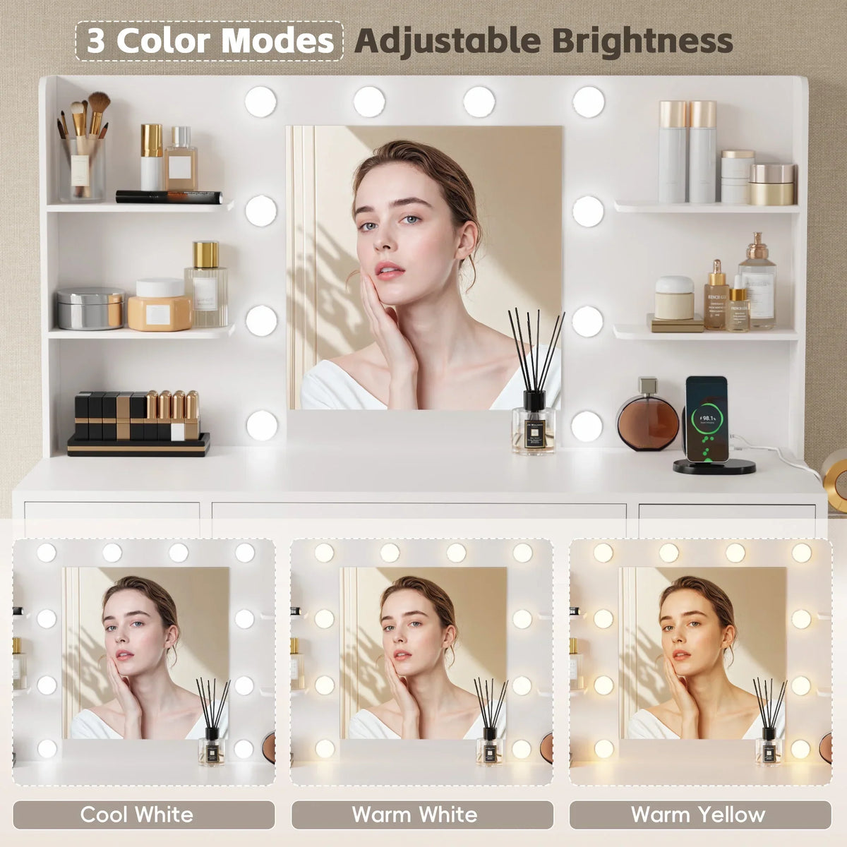 Nouveauté 2026 – Coiffeuse Lacoo avec miroir et éclairage LED, meuble de maquillage avec 7 tiroirs et 4 étagères, table de toilette avec prise électrique pour chambre ou dressing, blanche