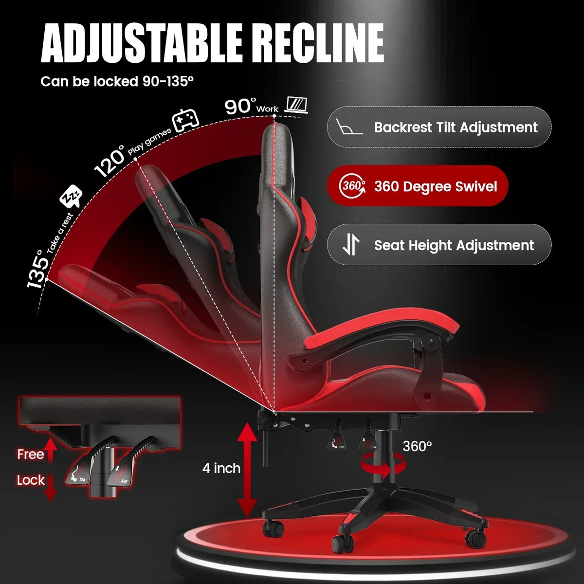Nouveauté 2026 – Chaise de jeu Bigzzia , chaise de bureau ergonomique avec appui-tête et soutien lombaire réglables en hauteur, pour adultes et adolescents, noir et blanc