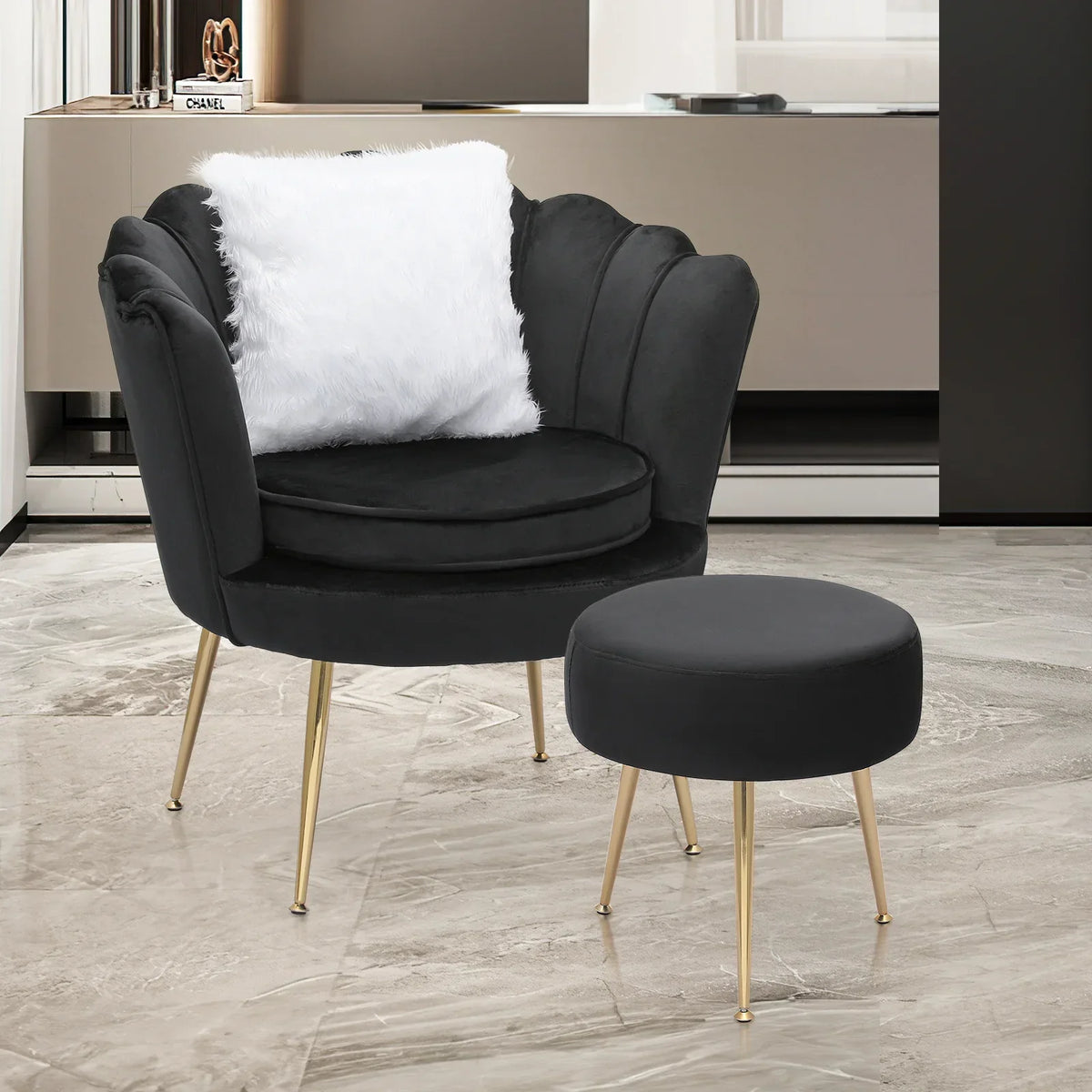 Nouveauté 2026 – Ensemble de 2 fauteuils d'appoint MoNiBloom , capitonnés en velours, avec coussin et repose-pieds. Fauteuil moderne rembourré, assise capitonnée et pieds en métal doré, idéal pour le salon. Couleur : noir