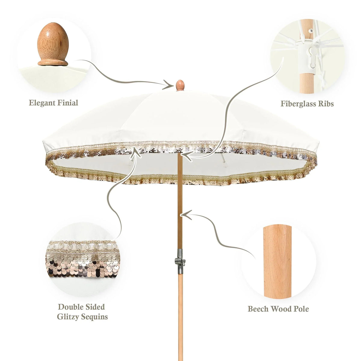 Nouveauté 2026 – Parasol de terrasse LAGarden de 1,8 m à franges et pompon, style Jazz Age, en bois, protection UPF50+, beige avec pompon doré, modèle : JZ6-01