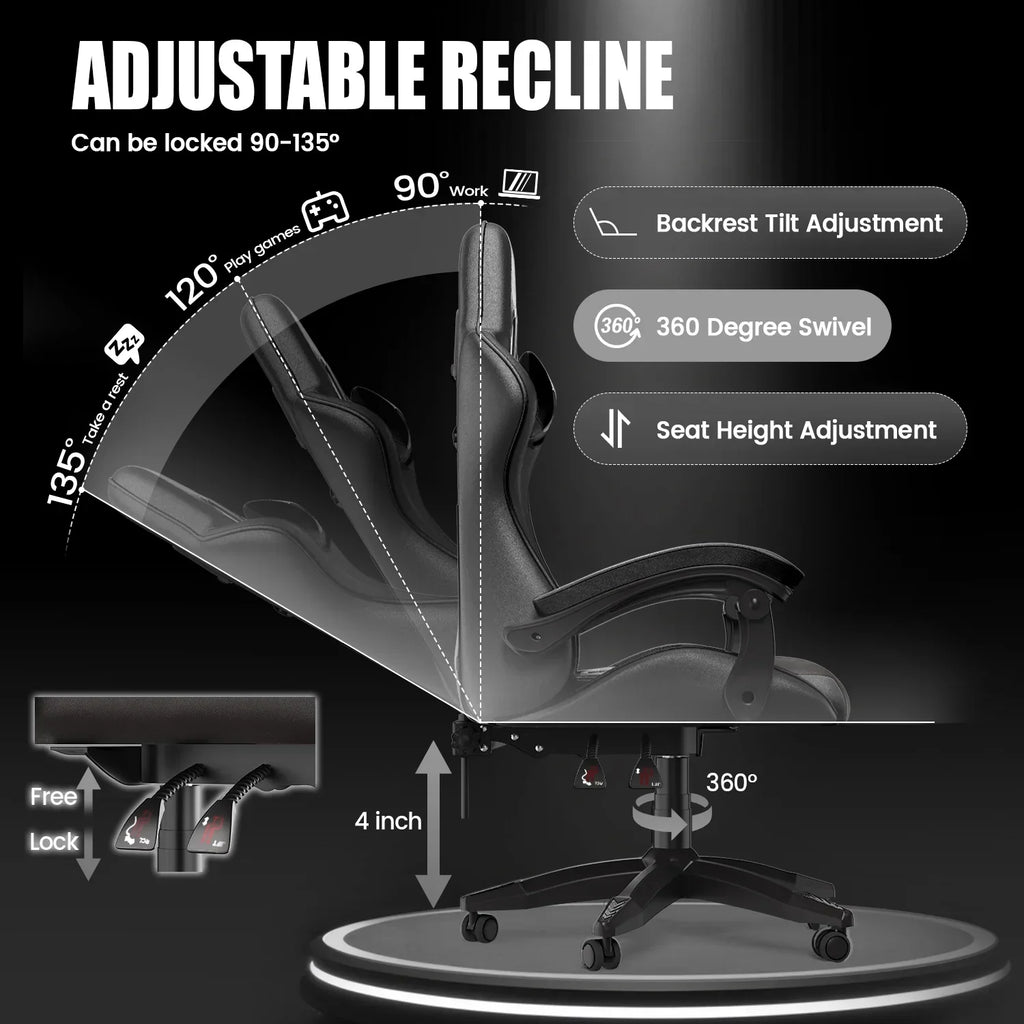 Nouveauté 2026 – Chaise de jeu Bigzzia , chaise de bureau ergonomique avec appui-tête et soutien lombaire réglables en hauteur, pour adultes et adolescents, noir et blanc