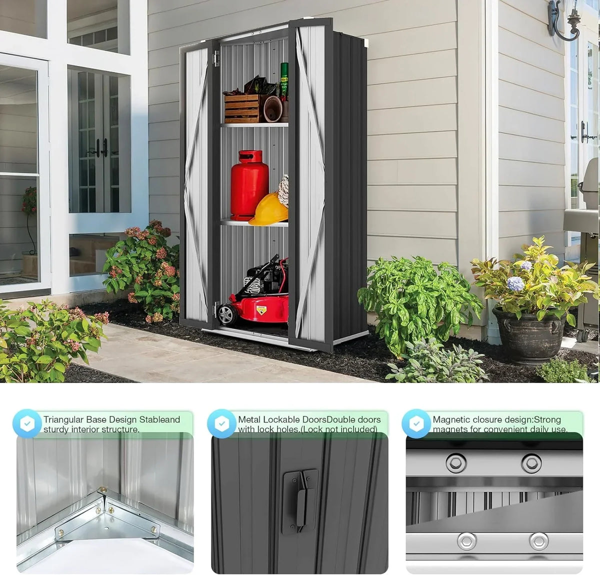 Nouveauté 2026 – Armoire de rangement extérieure AECOJOY pour jardin et terrasse, un meuble de rangement en métal avec portes et étagères, de couleur grise