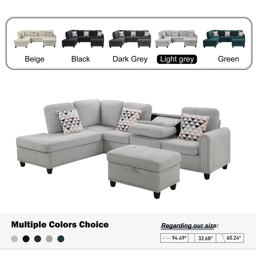 Nouveauté 2026 – Canapé d'angle modulaire AENKYO , 241 cm (95 po), en velours côtelé, avec pouf et porte-gobelets – Idéal pour les appartements et les salons – Gris clair
