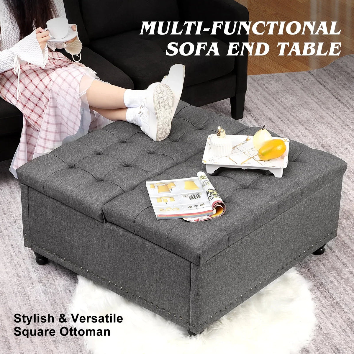 Nouveauté 2026 – Pouf de rangement carré Magic Union 35" , grand modèle, avec plateau relevable et revêtement capitonné, idéal pour le salon (beige