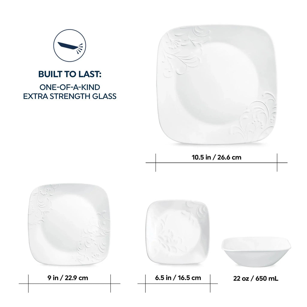 Nouveauté 2026 – Service de table carré en verre embossé Corelle Cherish 16 pièces (pour 4 personnes