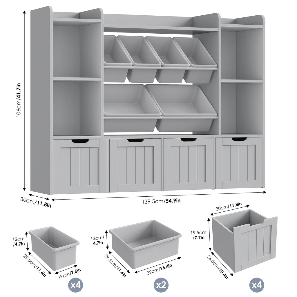 Nouveauté 2026 – Bibliothèque enfant Hiphuta à 3 niveaux avec rangement pour jouets, en bois, composée de 6 boîtes et 4 tiroirs amovibles, blanche