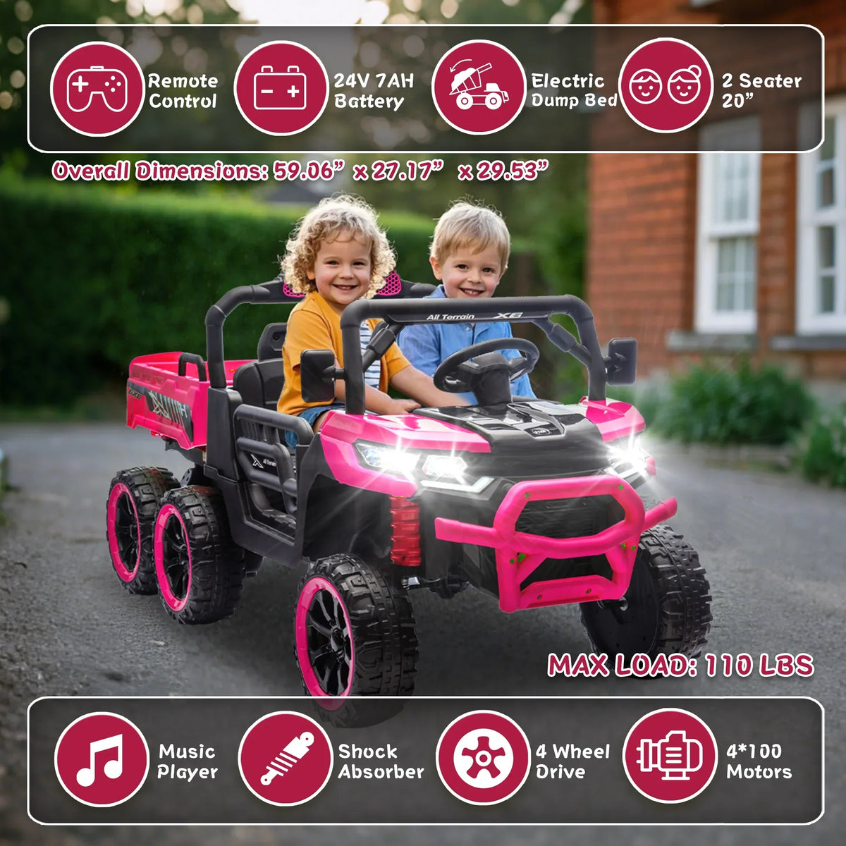 Nouveauté 2026 – Camion électrique Xuanlur 24V 2 places pour enfants , avec moteur 2x200W, benne basculante/pelle, pneus résistants, lumières LED, musique et télécommande, noir