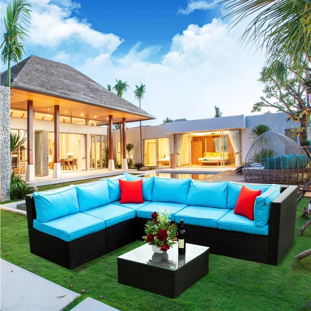 Nouveauté 2026 – Ensemble de mobilier de patio 7 pièces , canapé d'angle en rotin PE, ensemble de conversation avec coussins et table basse en verre, pour balcon, pelouse et jardin, gris