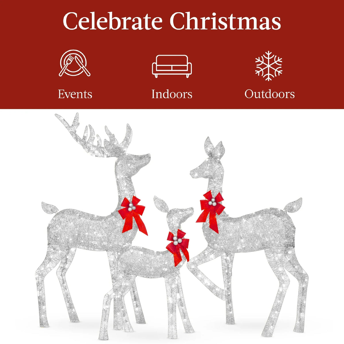Nouveauté 2026 – Décoration de jardin extérieure Best Choice Products : cerfs lumineux de Noël en 3 pièces, 2 m (6,5 pi), avec 385 lumières DEL et piquets – Or