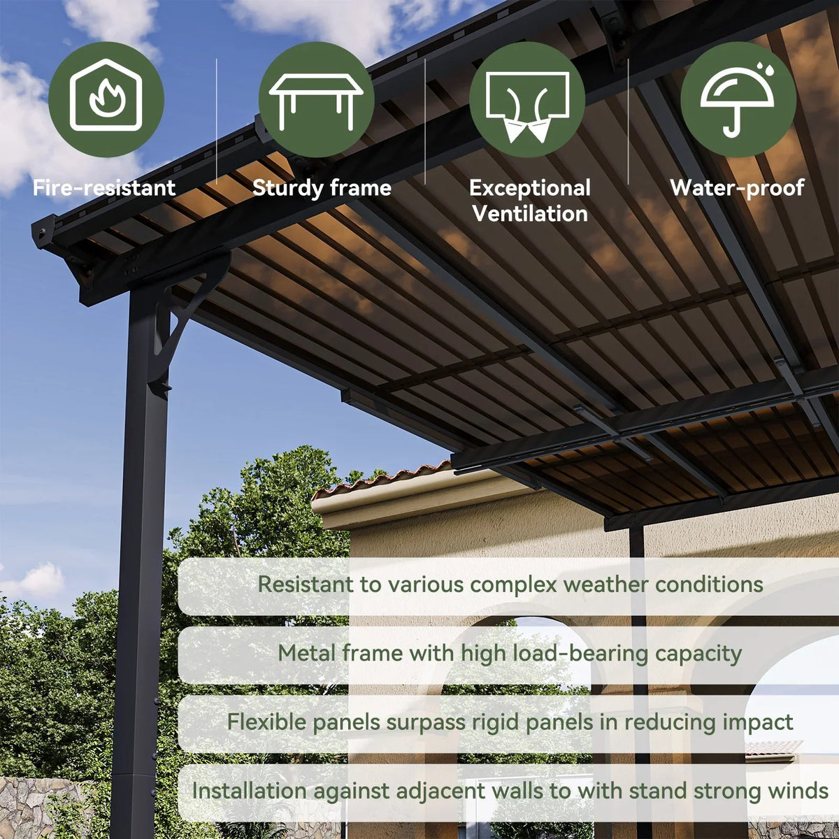 Nouveauté 2026 – Gazebo Aoxun de 2,4 m x 1,5 m pour patio, pergola avec toit incliné, grand auvent mural robuste pour barbecue, idéal pour jardin, terrasse ou patio