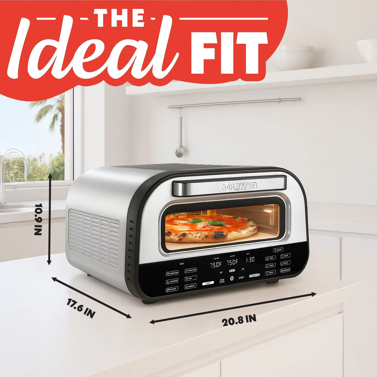 Nouveauté 2026 – Four à pizza d'intérieur Gourmia - Tout-en-un avec 7 fonctions de cuisson, 6 programmes pizza prédéfinis, acier inoxydable