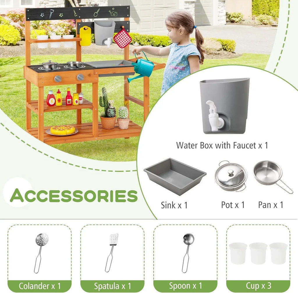 Nouveauté 2026 – Cuisine de boue OLAKIDS , cuisine de jeu d'extérieur sur roues avec 3 tasses, évier amovible et accessoires de cuisine en bois. Jouet idéal pour le jardin, cadeau pour les garçons et les filles à partir de 3 ans