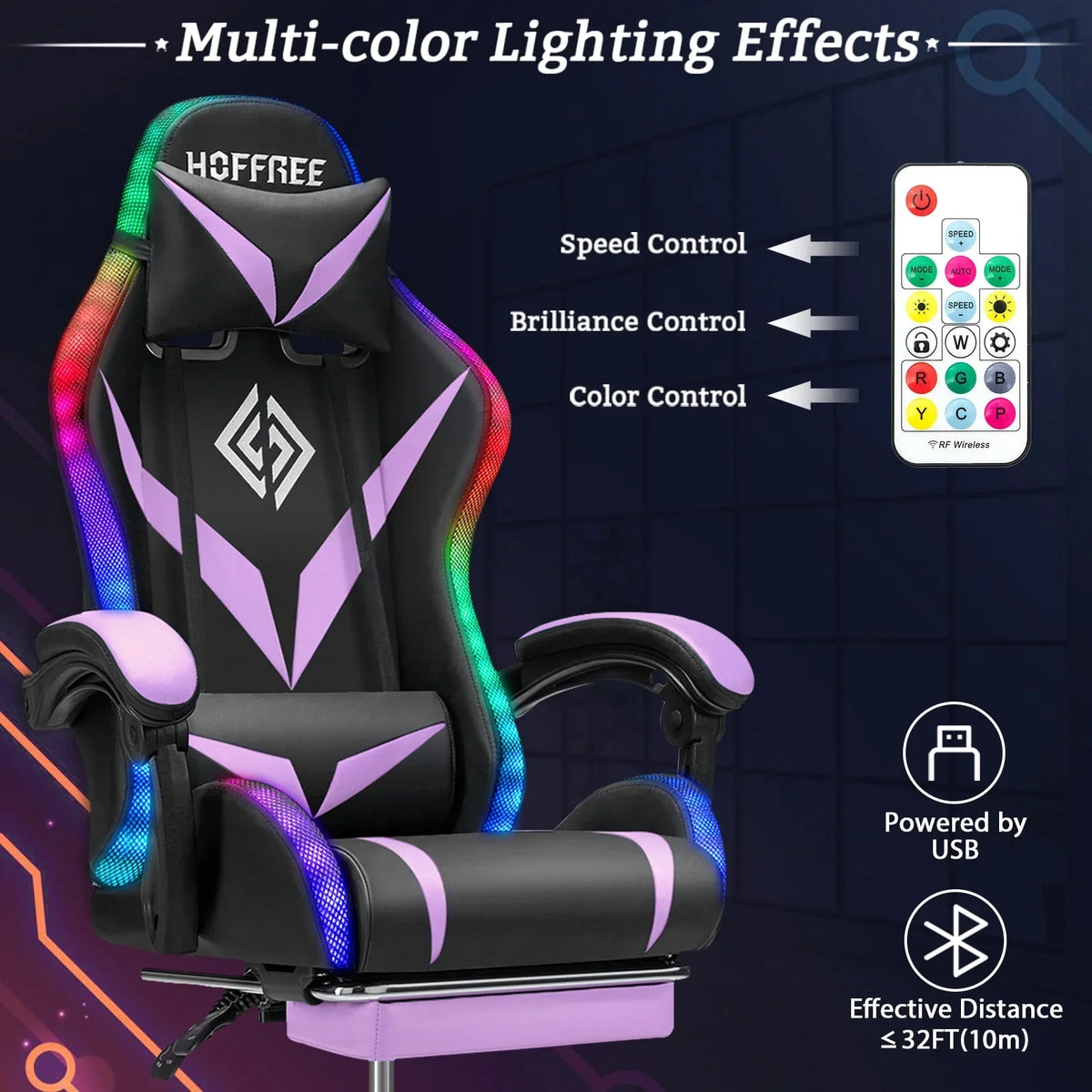 Nouveauté 2026 – Fauteuil de jeu Hoffree avec haut-parleurs intégrés, en cuir PU, repose-pieds et éclairage LED. Fauteuil ergonomique pour gamer avec massage, soutien lombaire et appui-tête pivotant et réglable. Idéal pour le télétravail et le bureau
