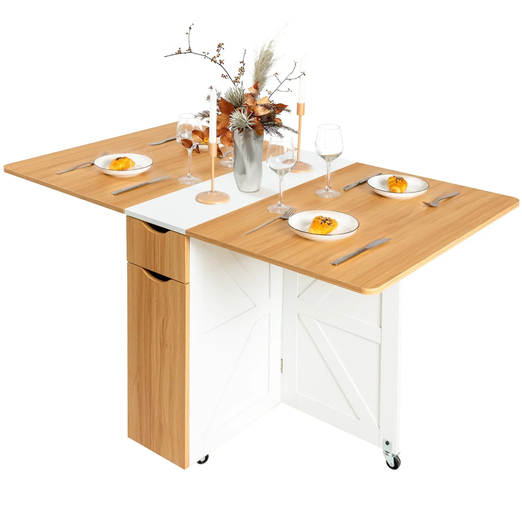Nouveauté 2026 – Table de salle à manger pliante spanspace , table à abattants avec 6 roulettes et étagère de rangement à 2 niveaux, table gain de place pour petits espaces, table de cuisine pliante, blanche
