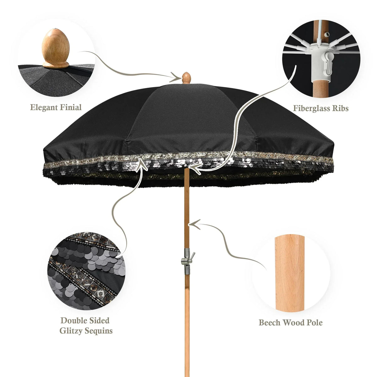 Nouveauté 2026 – Parasol de terrasse LAGarden de 1,8 m à franges et pompon, style Jazz Age, en bois, protection UPF50+, beige avec pompon doré, modèle : JZ6-01