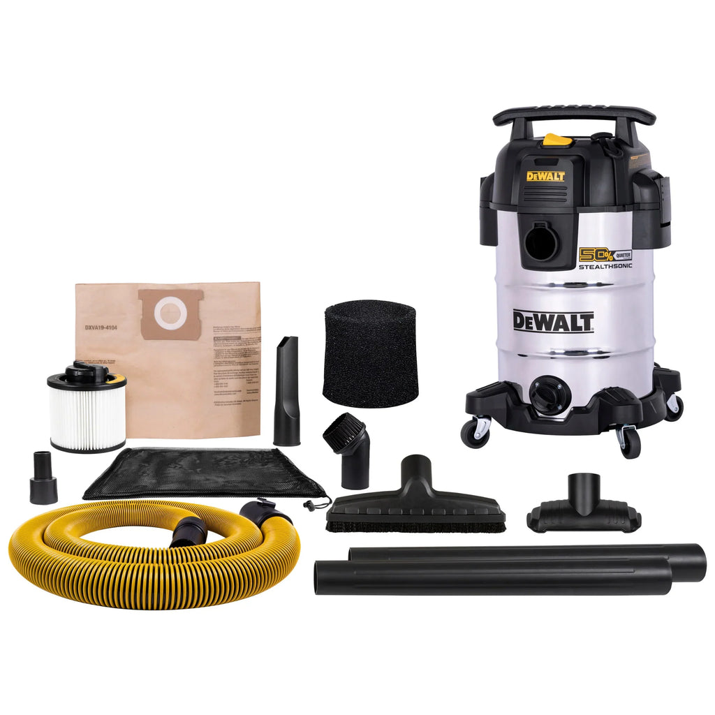 Nouveauté 2026 – Aspirateur eau et poussière DeWalt Stealthsonic silencieux de 8 gallons et 4 HP en acier inoxydable