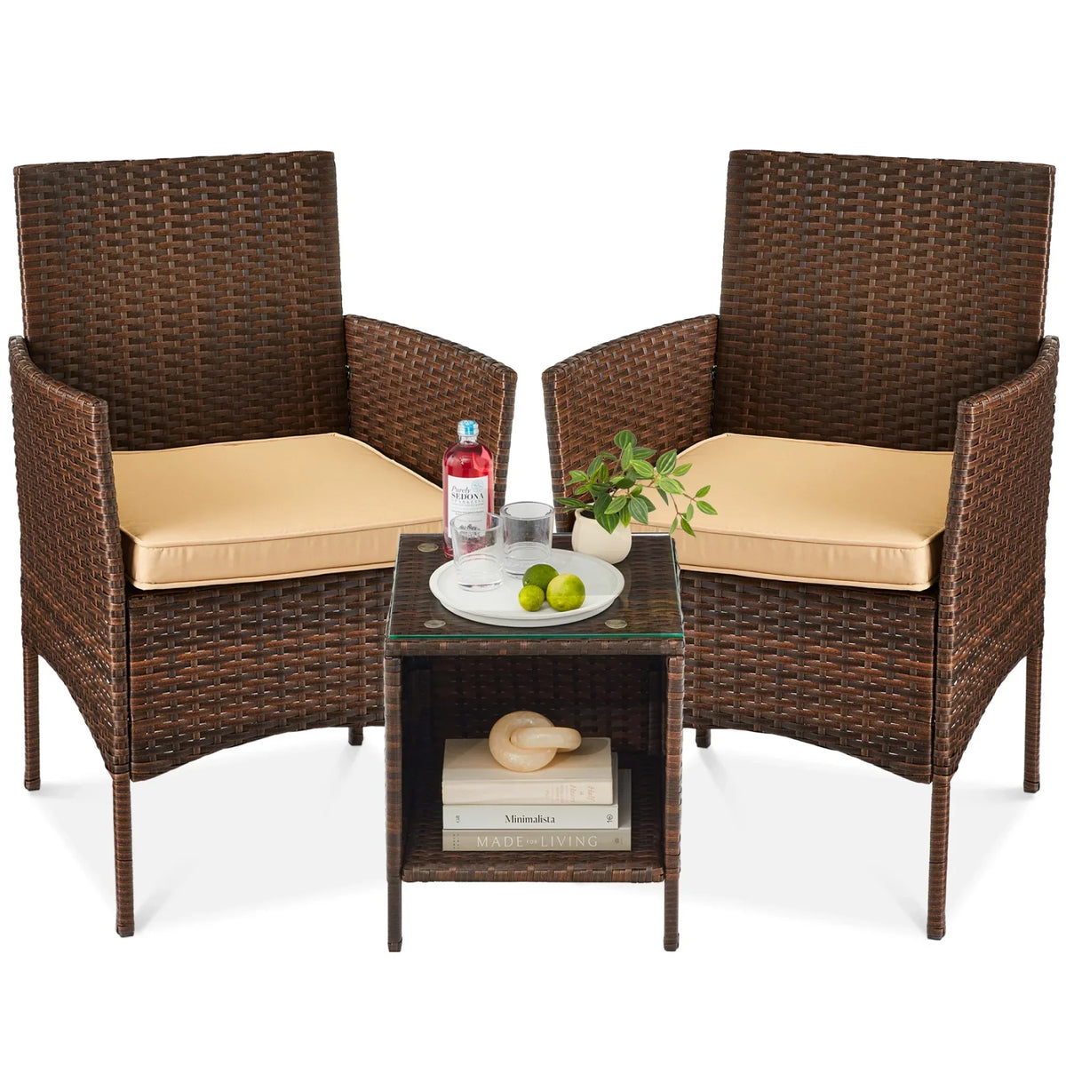 Nouveauté 2026 – Ensemble bistro de jardin 3 pièces en résine tressée Best Choice Products , avec 2 chaises et une table - Gris/Bleu marine