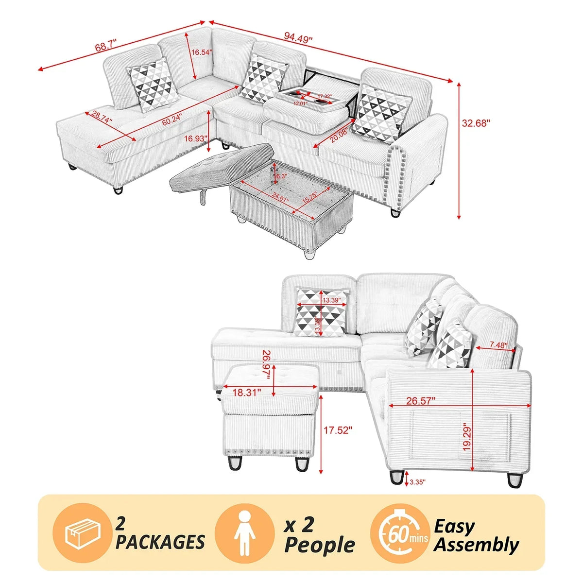 Nouveauté 2026 – Canapé d'angle modulaire AENKYO , 241 cm (95 po), en velours côtelé, avec pouf et porte-gobelets – Idéal pour les appartements et les salons – Gris clair