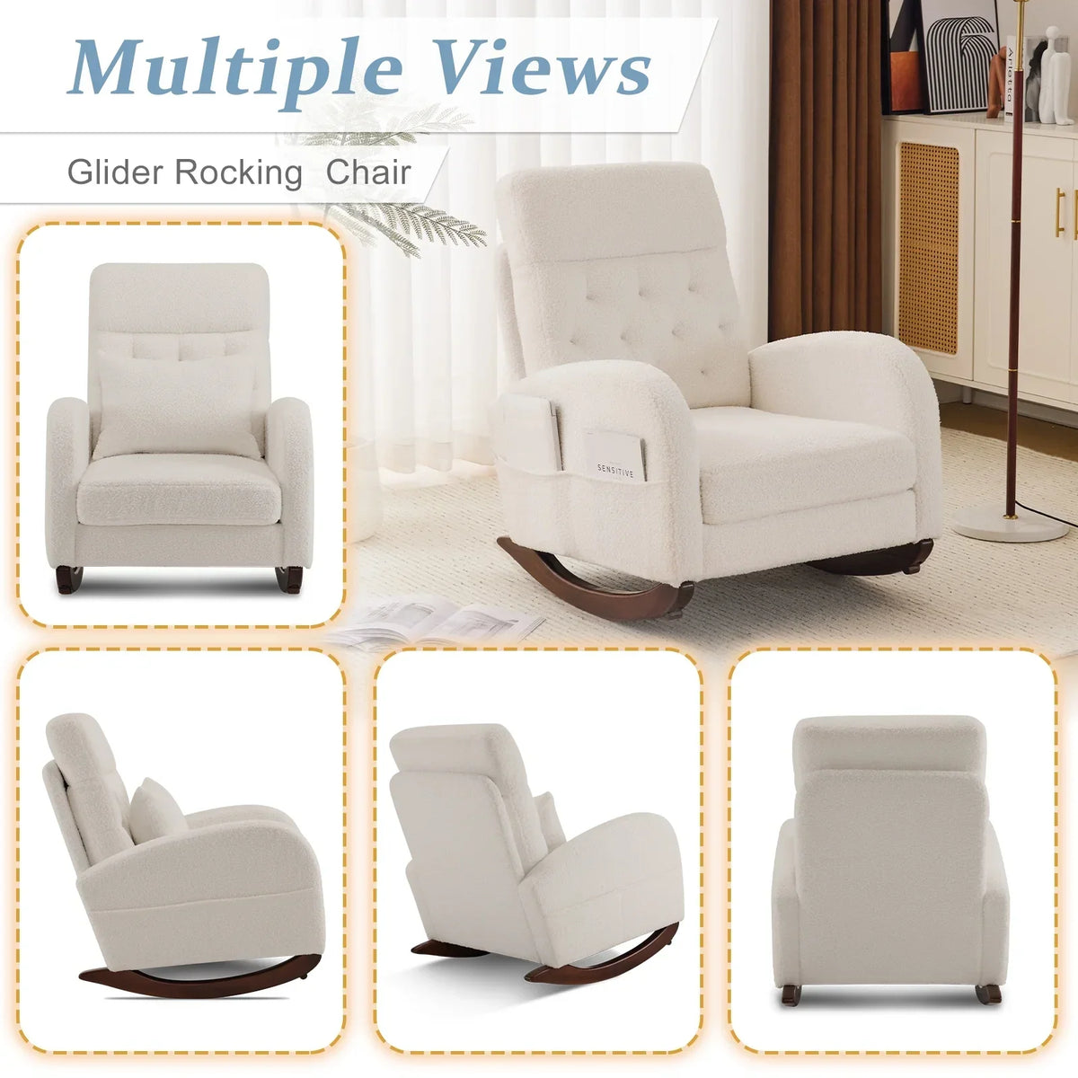 Nouveauté 2026 – Fauteuil à bascule Ktaxon , fauteuil de lecture inclinable, confortable, revêtu de velours peluche, canapé à bascule une place, beige, idéal pour le salon, la chambre d'enfant ou la chambre à coucher