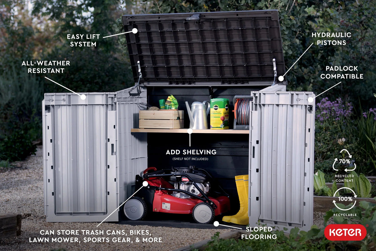 Nouveauté 2026 – Abri de jardin Keter Store-It-Out Prime , 1,3 x 1,1 m, en résine grise, avec charnières à levage facile. Idéal pour ranger outils de jardin, jouets de piscine et accessoires de jardin