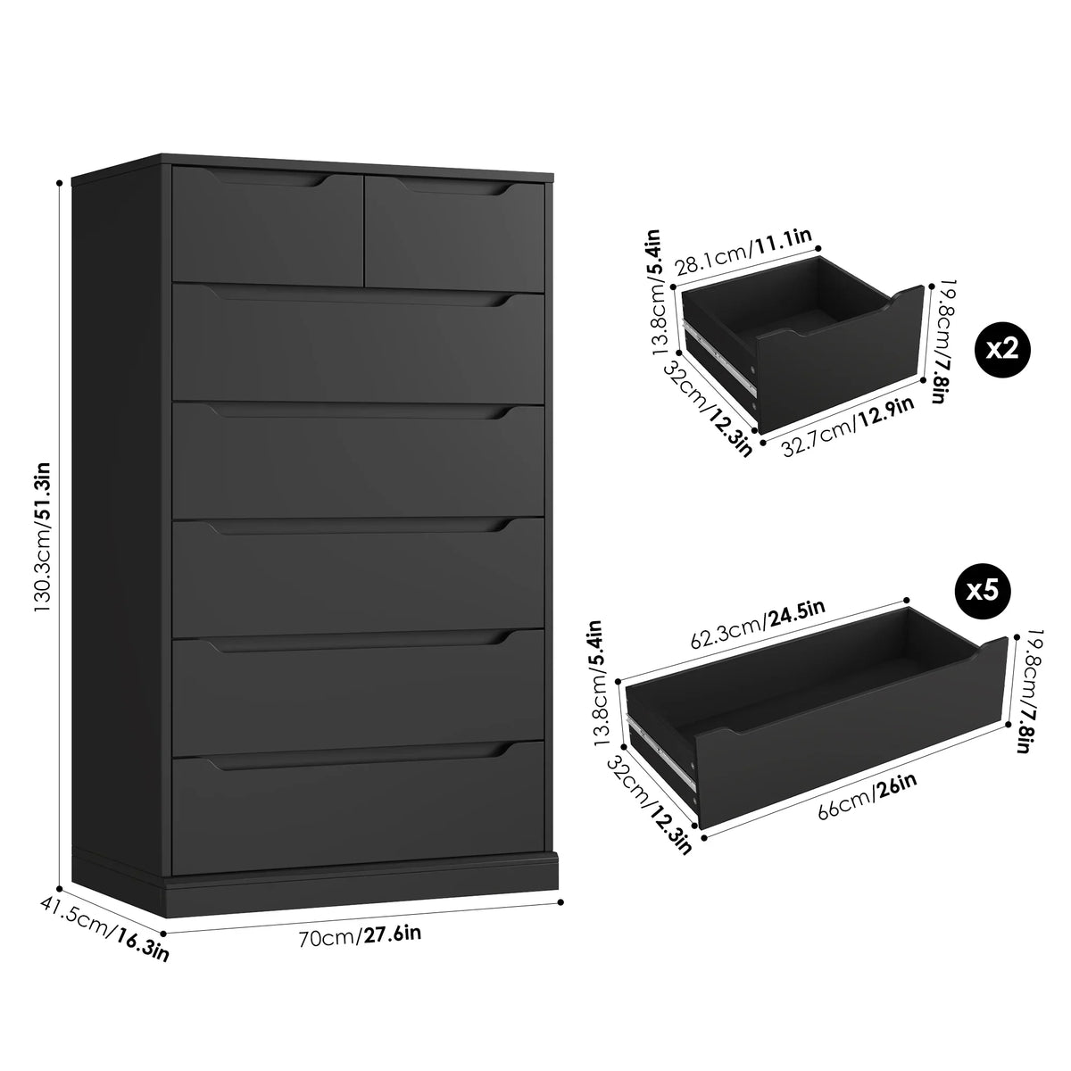 Nouveauté 2026 – Commode blanche Homfa 7 tiroirs, 130 cm de hauteur, meuble de rangement en bois avec base stable améliorée, commode verticale pour chambre ou salon