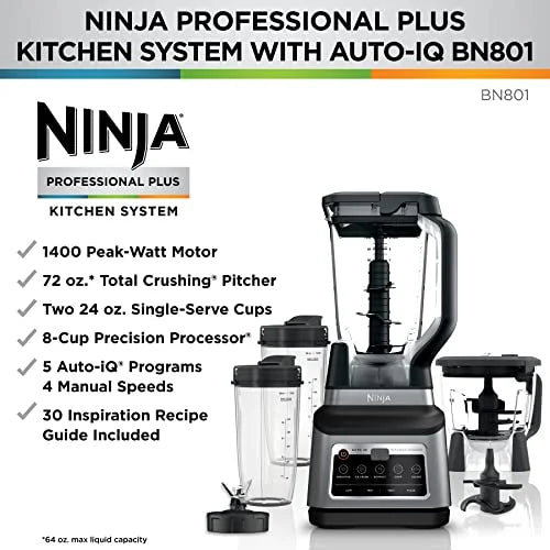 Nouveauté 2026 – Robot culinaire Ninja BN801 Professional Plus , 1400 W, 5 fonctions pour smoothies, hachage, pétrissage et plus encore avec Auto IQ, pichet mélangeur de 2,1 L*, bol robot de 1,9 L, 2 gobelets de 710 ml, gris