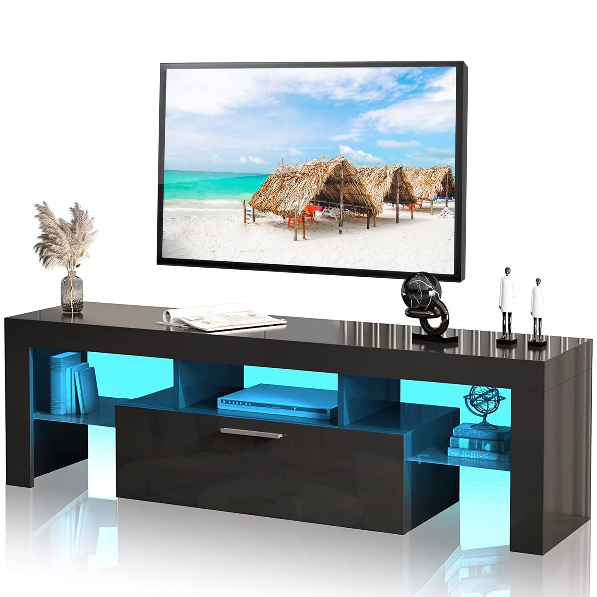 Nouveauté 2026 – Meuble TV PAPROOS pour téléviseurs jusqu'à 70 pouces, finition laquée brillante avec éclairage LED, console TV moderne avec tiroirs de rangement, meuble multimédia, blanc