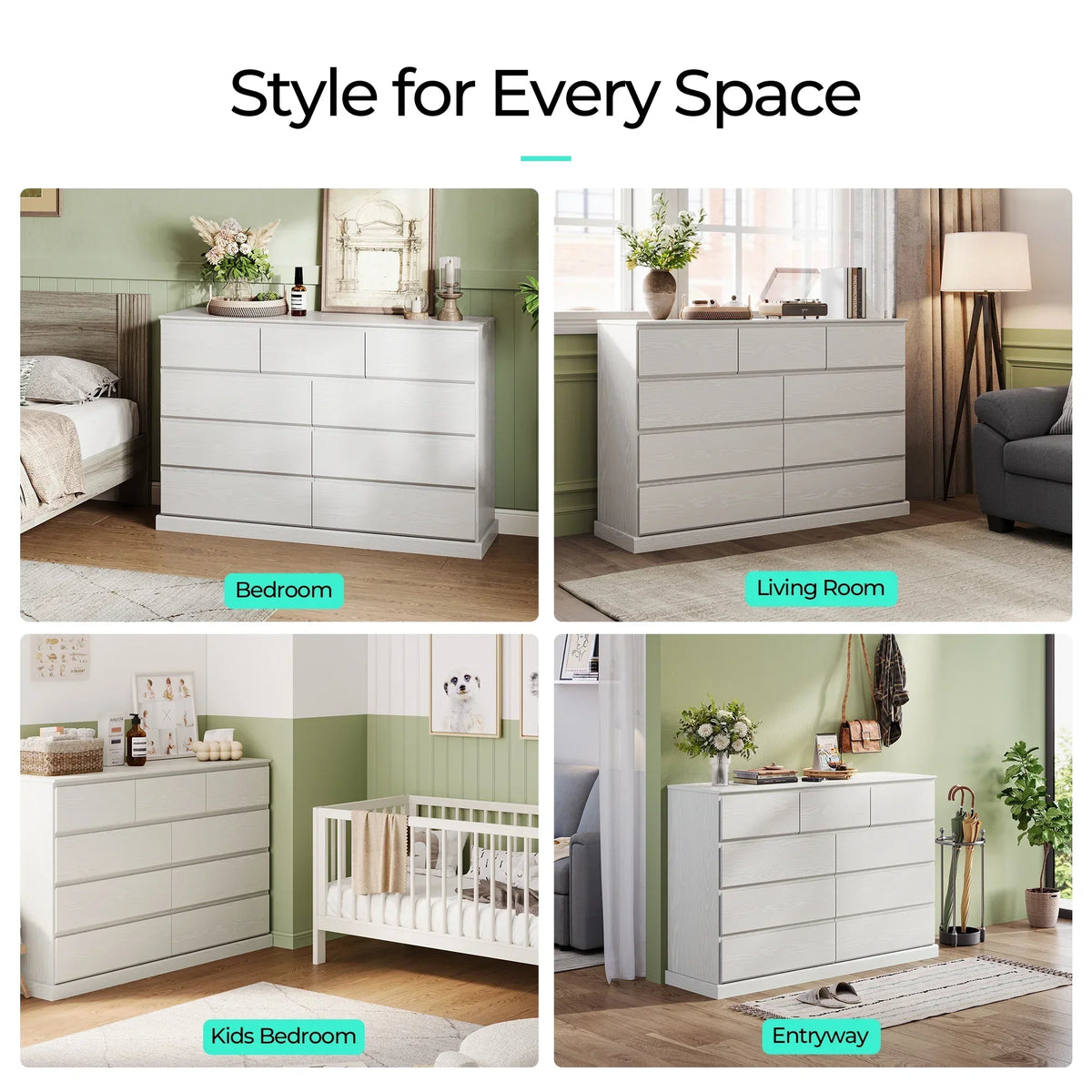 Nouveauté 2026 – Commode moderne en bois Linsy Home pour chambre à coucher, large commode à 9 tiroirs, blanche