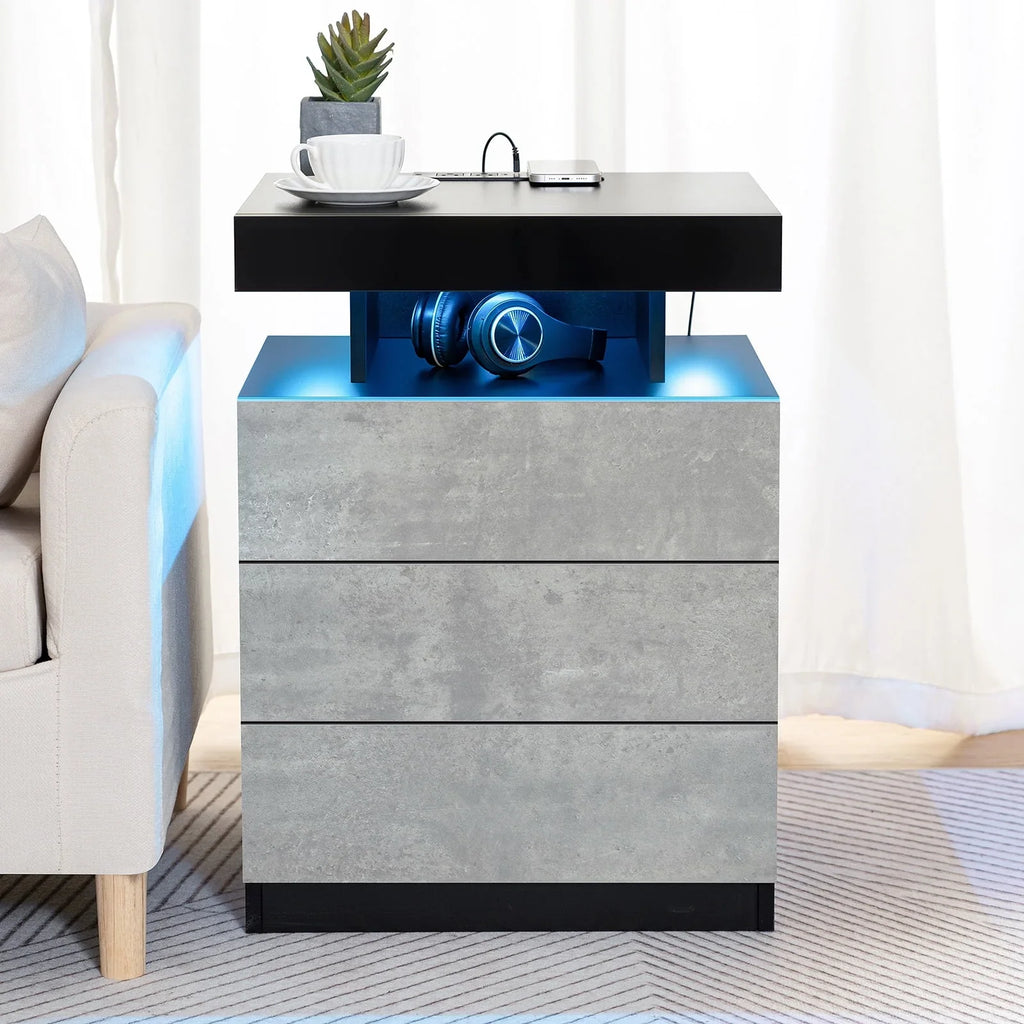 Nouveauté 2026 – Table de chevet LED Hommpa avec station de charge sans fil, ports USB Type-C, 3 tiroirs, finition laquée noire, style moderne et élégant, hauteur 68 cm (26,8 pouces). Idéale pour la chambre à coucher