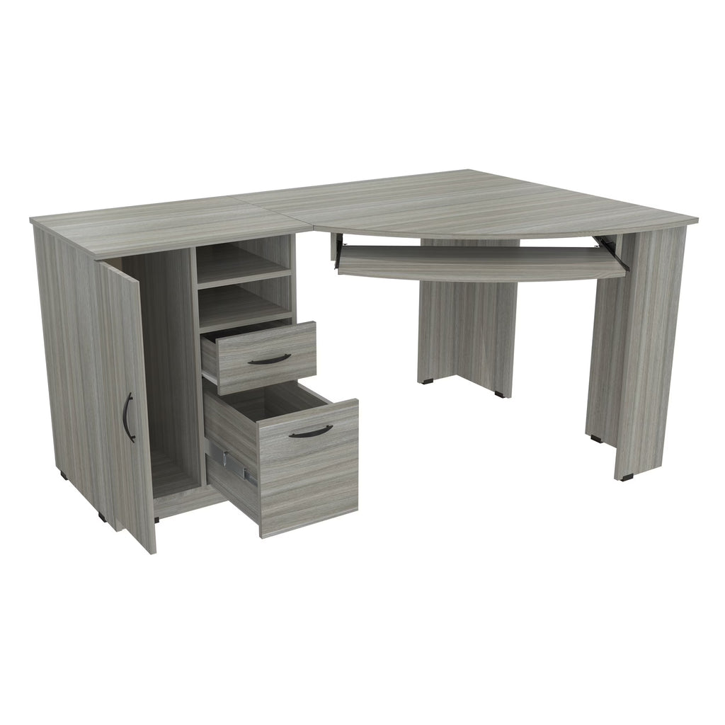 Nouveauté 2026 – Bureau d'angle moderne Inval avec 2 tiroirs et un placard, chêne blanchi