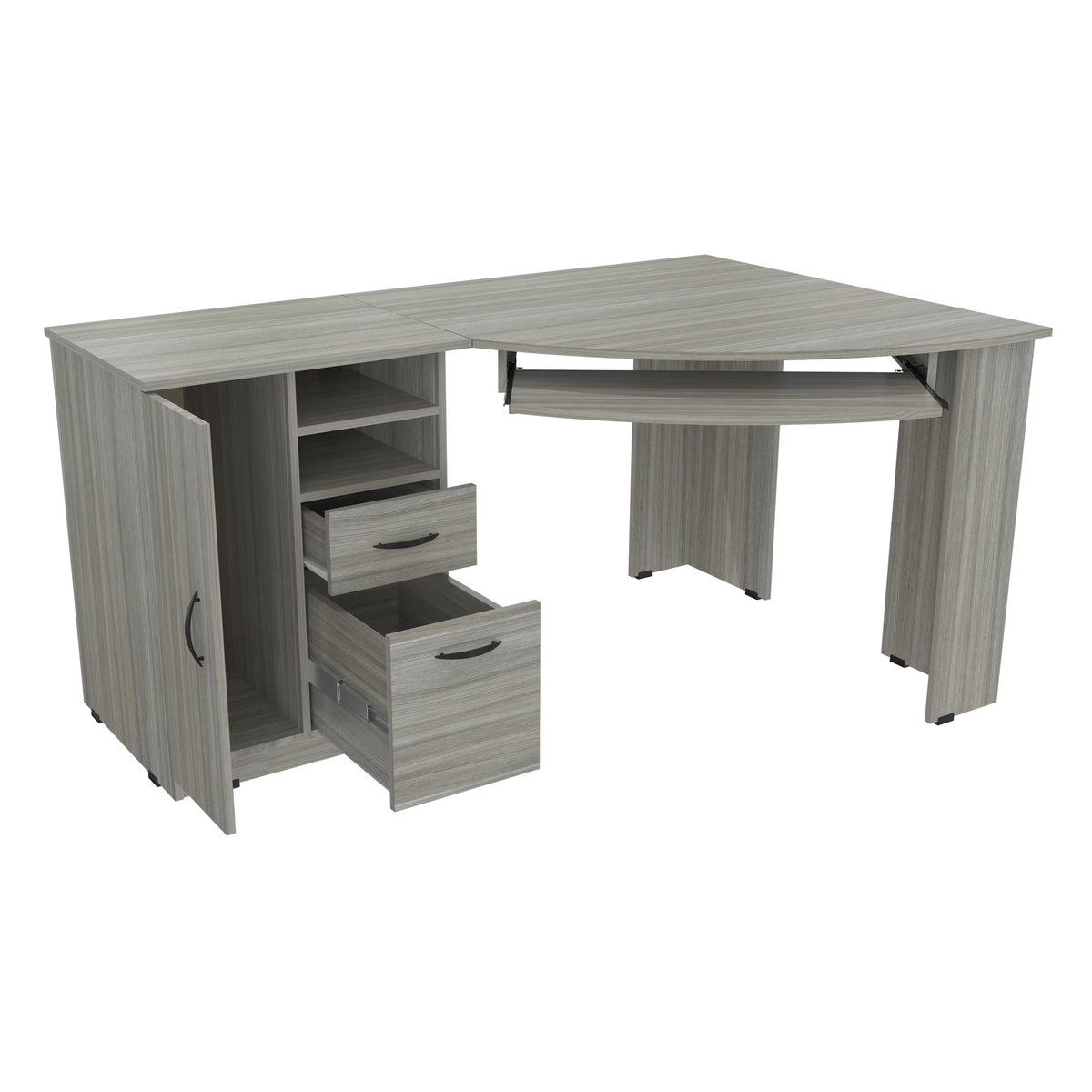 Nouveauté 2026 – Bureau d'angle moderne Inval avec 2 tiroirs et un placard, chêne blanchi